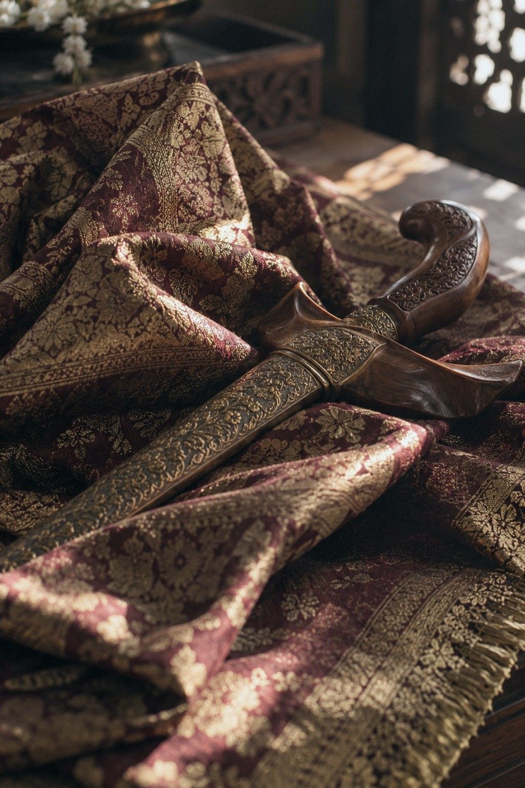 Kain songket merah keunguan bertenun benang emas, berlipat dan berkedut di atas meja kayu, cahaya malam yang malap
